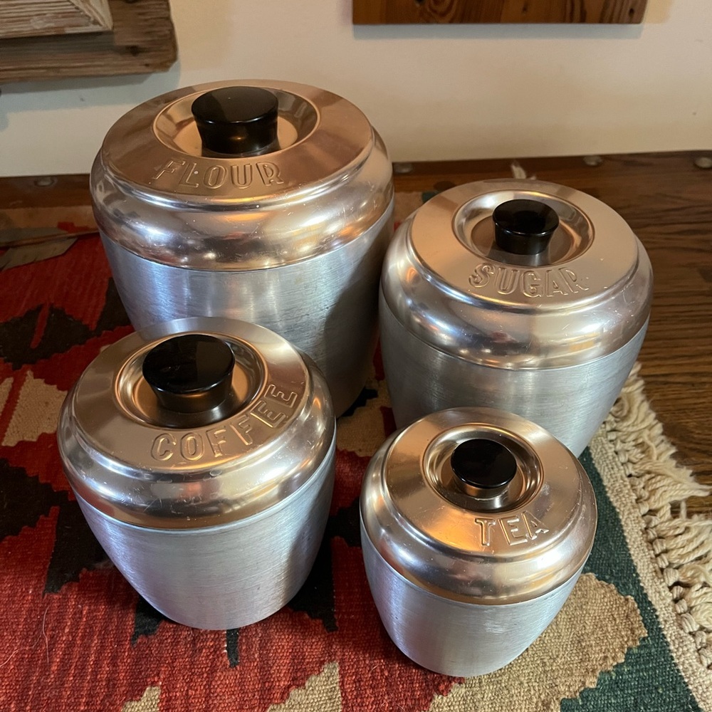 Vintage Spun Aluminum 4 Piece Canister Set w RoseCopper w BlkBakelite Knob Lids